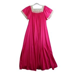 Vintage Hollywood Regency Nightgown OS Hot Pink Lace Coquette 70s Maxi Dress